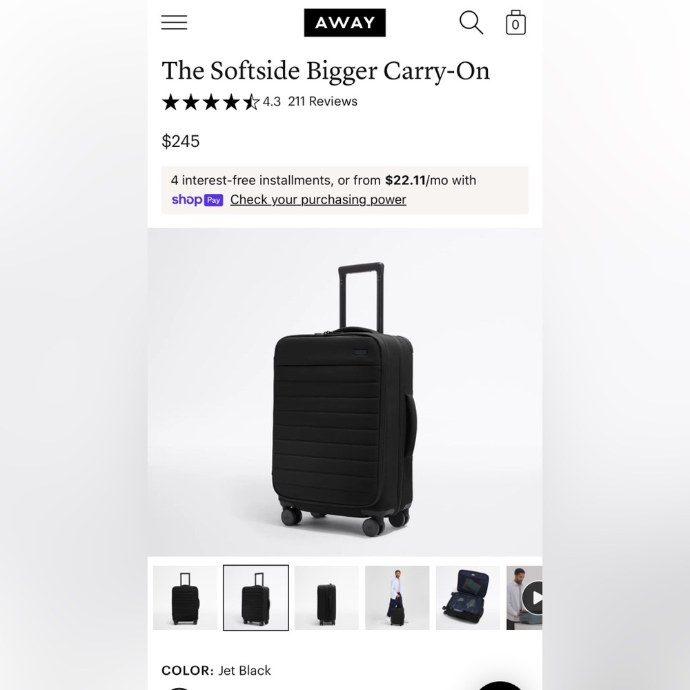 Away Jet Black Softside Carry-On Luggage
